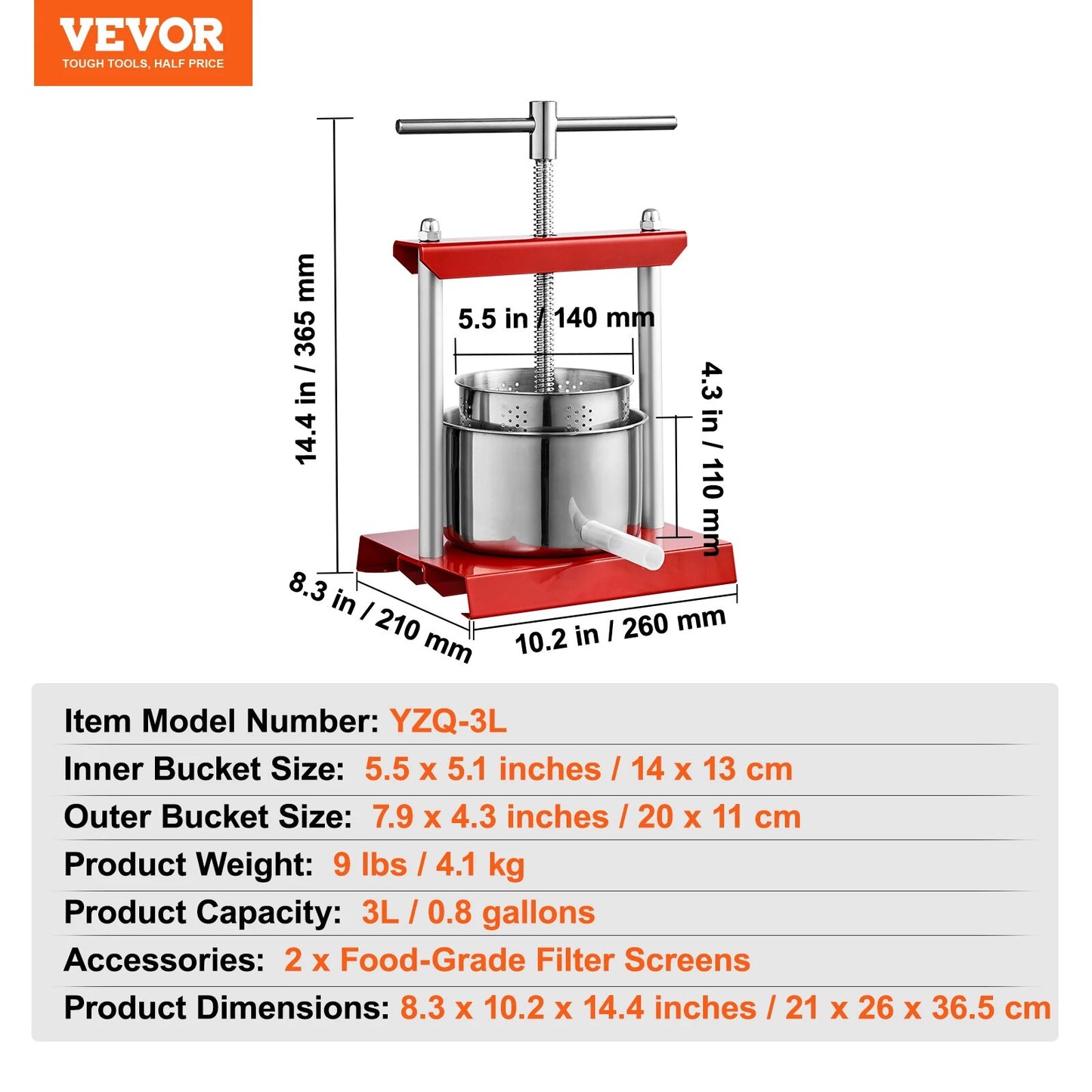 VEVOR 2L 3L 6L Manual Fruit Press Stainless Steel Household Manual Squeezer Cid