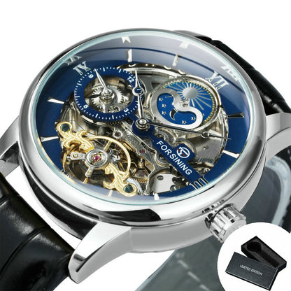 Forsining Luxury Skeleton Mechanical Watches for Men Dual Time Zone Tourbillion image 3