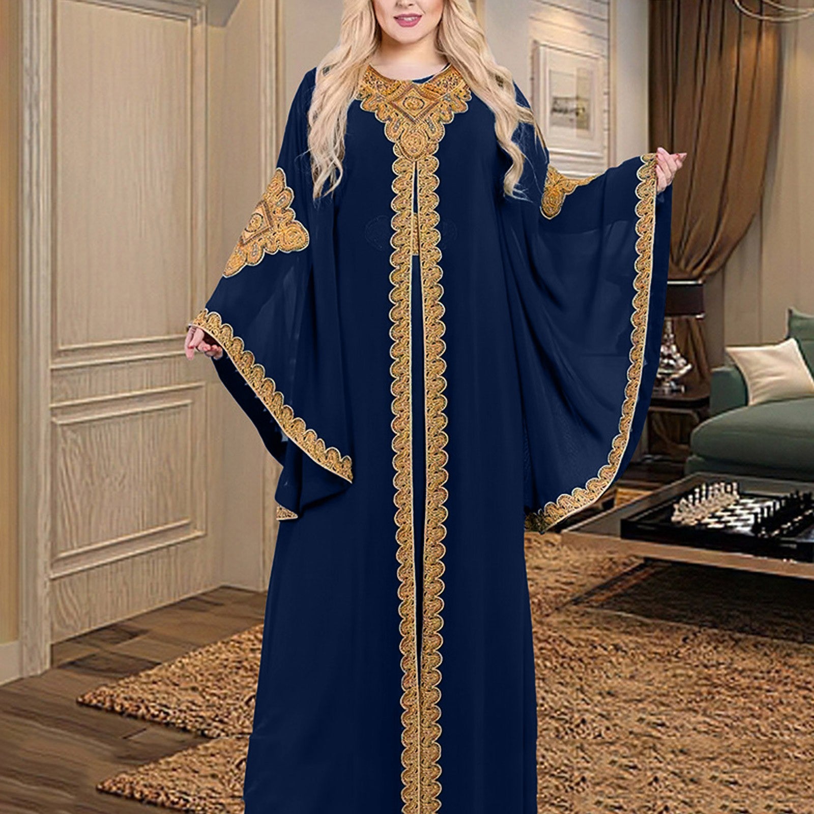 Party Dresses for Women Abaya Muslim Caftan 2 Piece Set Eid Flare Sleeves Robe image 3