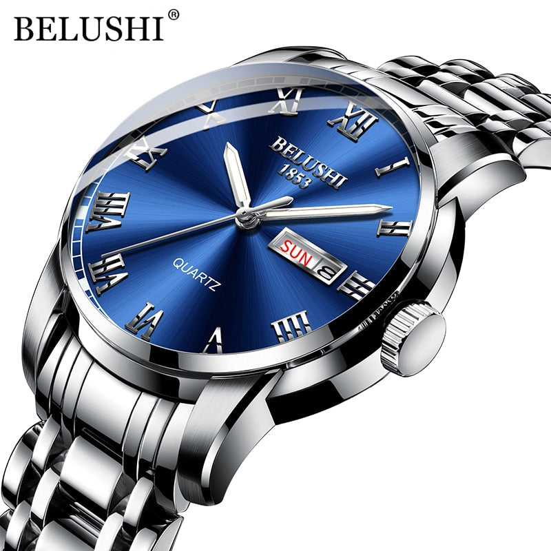 BELUSHI Men's Fashion Business Quartz Watches Top Luxury Brand Full Steel Water image 13