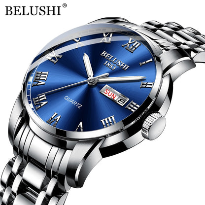 BELUSHI Men's Fashion Business Quartz Watches Top Luxury Brand Full Steel Water image 13