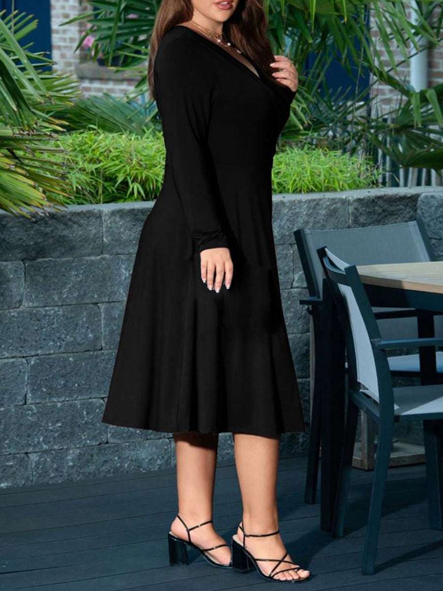 Elegant Women V-Neck Long Sleeve Midi Dress in Solid Color Plus Size Fall Flo