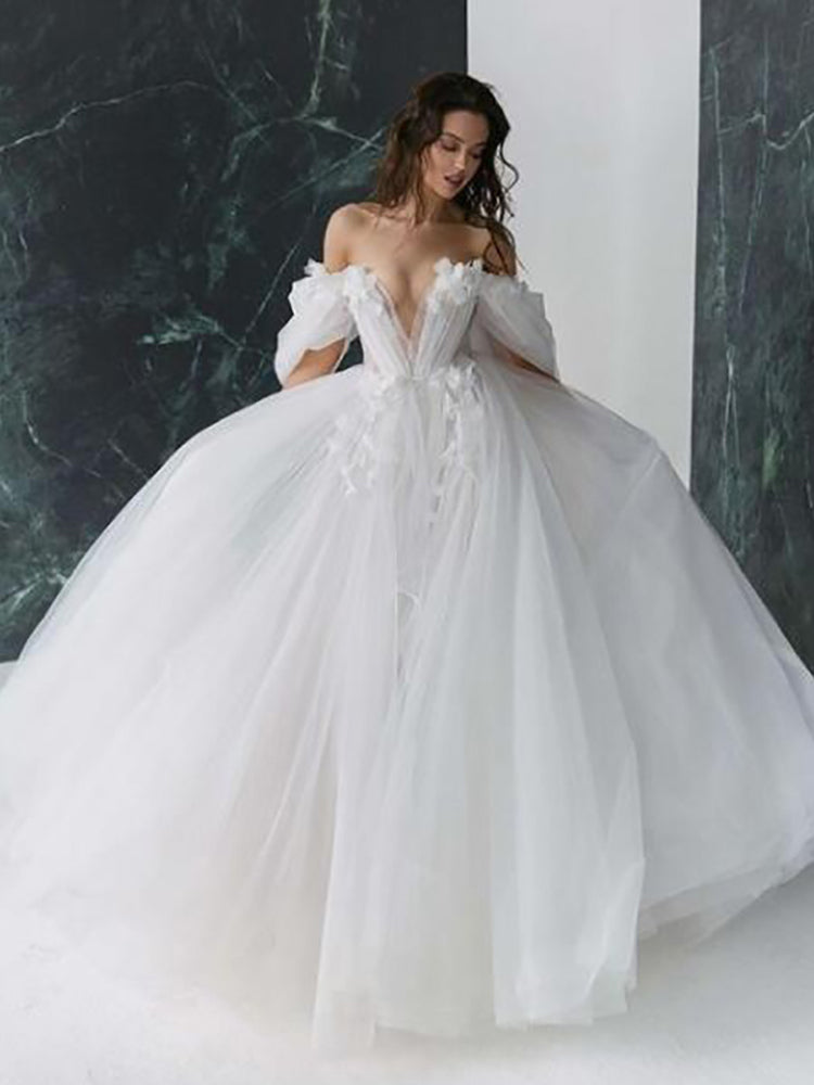 Smileven Princess Wedding Dress V Neck Ball Gown Puffy Tulle Bridal Dresses 202