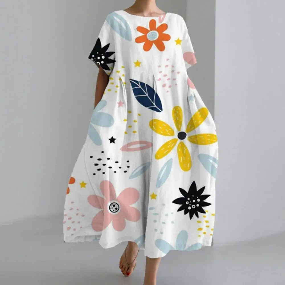 A-line Dress Bohemian Style Floral Printed Midi Dress for Women Loose Round Nec