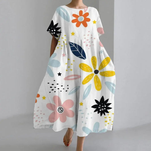 A-line Dress Bohemian Style Floral Printed Midi Dress for Women Loose Round Nec