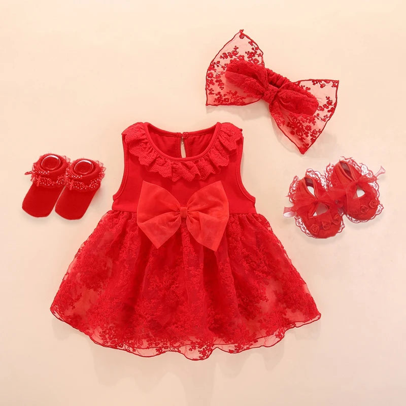4Pcs Baby Summer Dress Set for Infant Girls Christening Baptism Gown Wedding Pa image 9