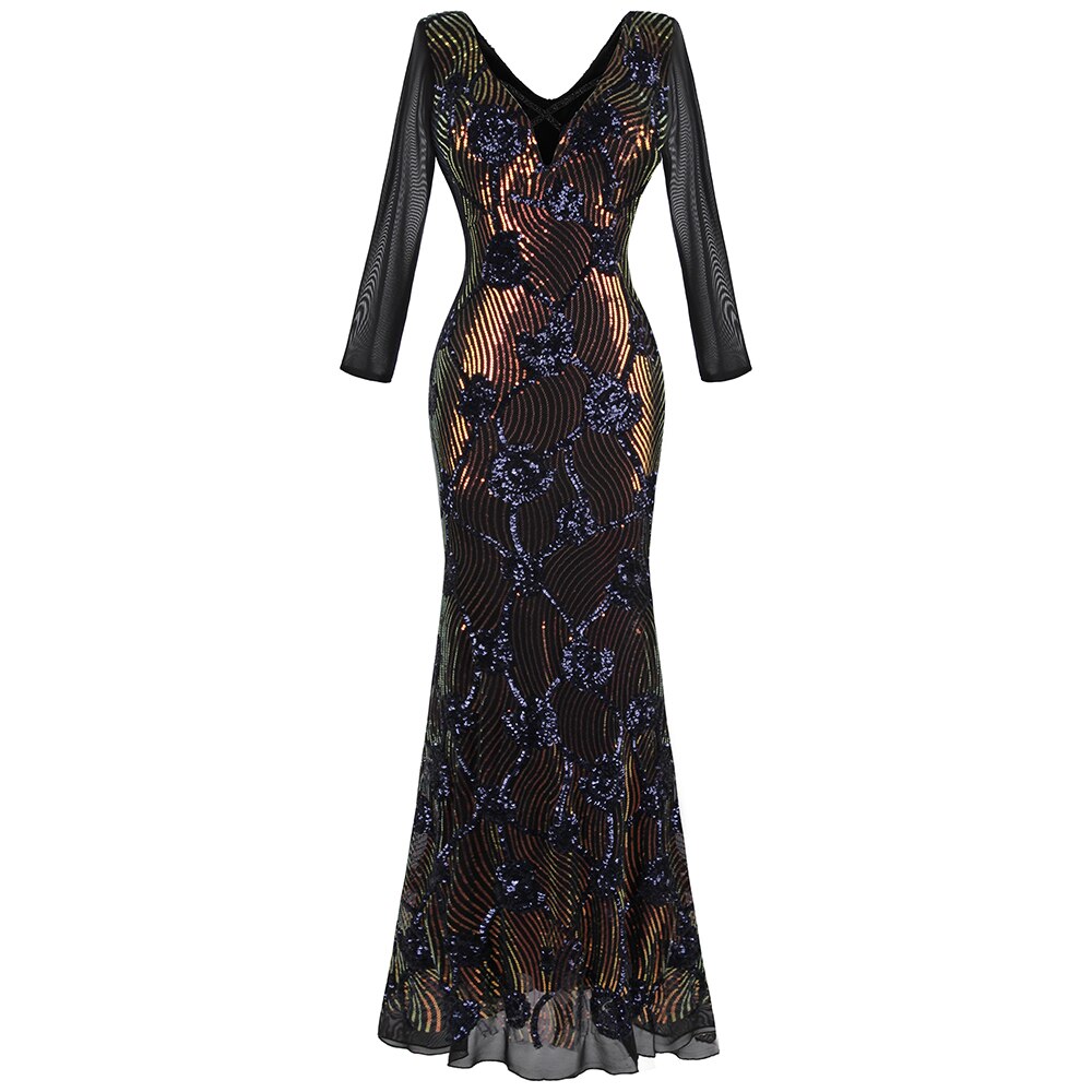 Angel-fashions Women's Deep V Neck Floral Sequin Illusion Long Sleeves Maxi image 0