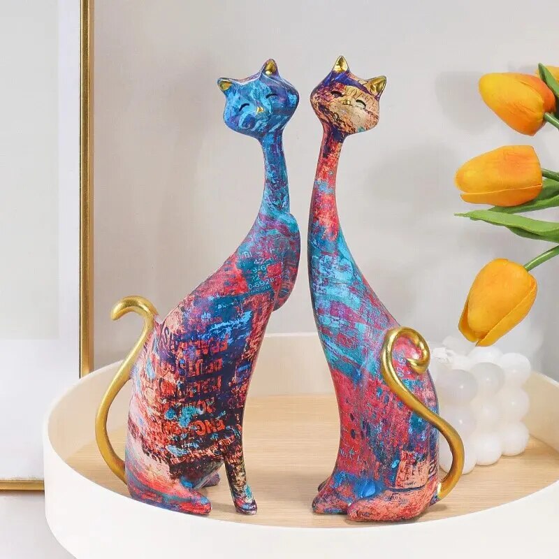 Colorful Cat Statue Oil Painting Cat Couple Sculptures Set Modern Resin Statue image 0