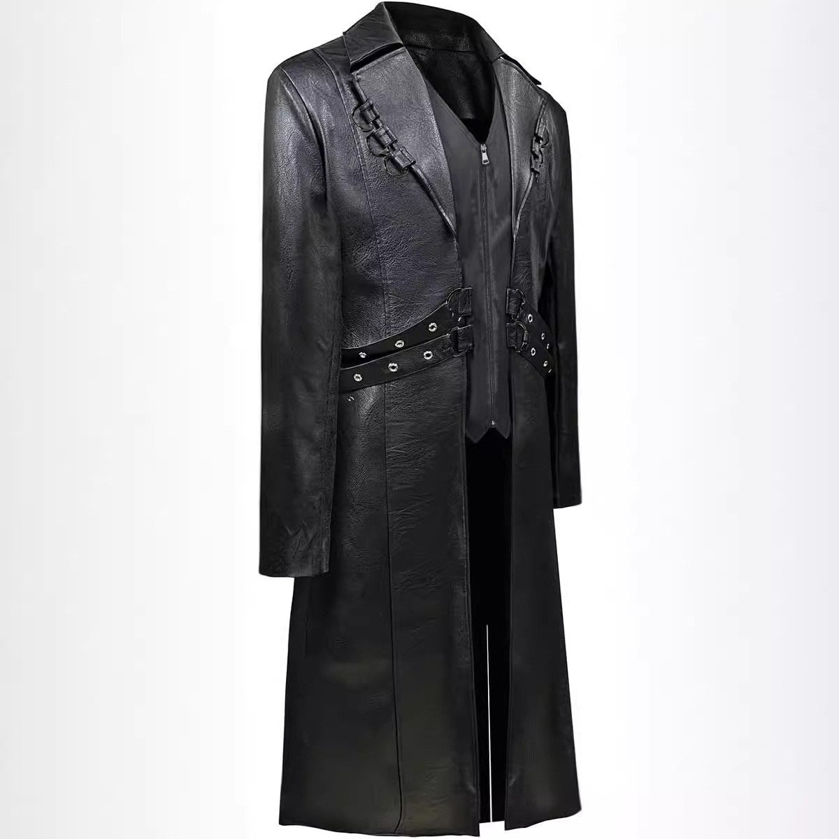 2025 New Steampunk Gothic Mid Length PU Leather Trench Coat Men Dark Brown Blac image 2