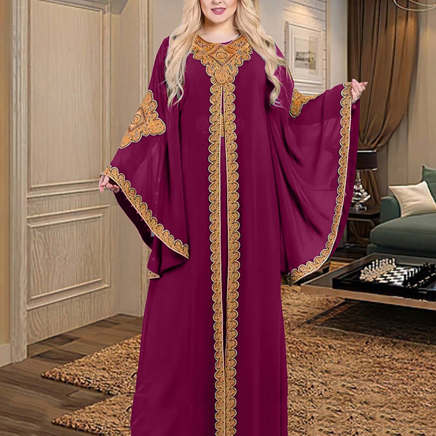 Party Dresses for Women Abaya Muslim Caftan 2 Piece Set Eid Flare Sleeves Robe image 2