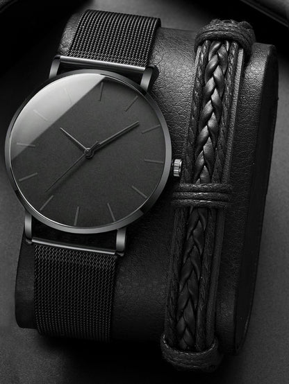 Watch + Bracelet Minimalist Men's Fashion Ultra Thin Watches Simple Men Busines image 1