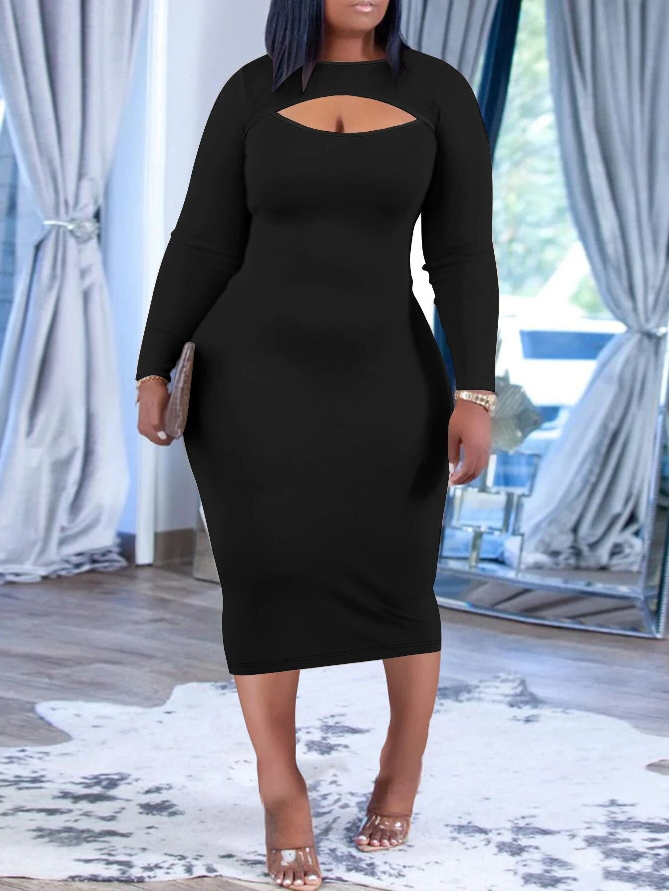 Plus Size Casual Dress, Women Plus Solid Long Sleeve Round Neck Cut Out Midi