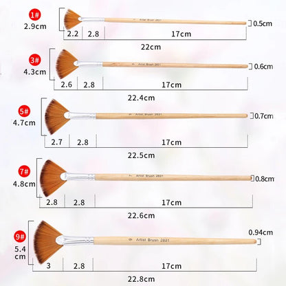 5Pcs/Set Creative Fan Shap Gouache Painting Pen High Quality Nylon Hair Wooden image 5