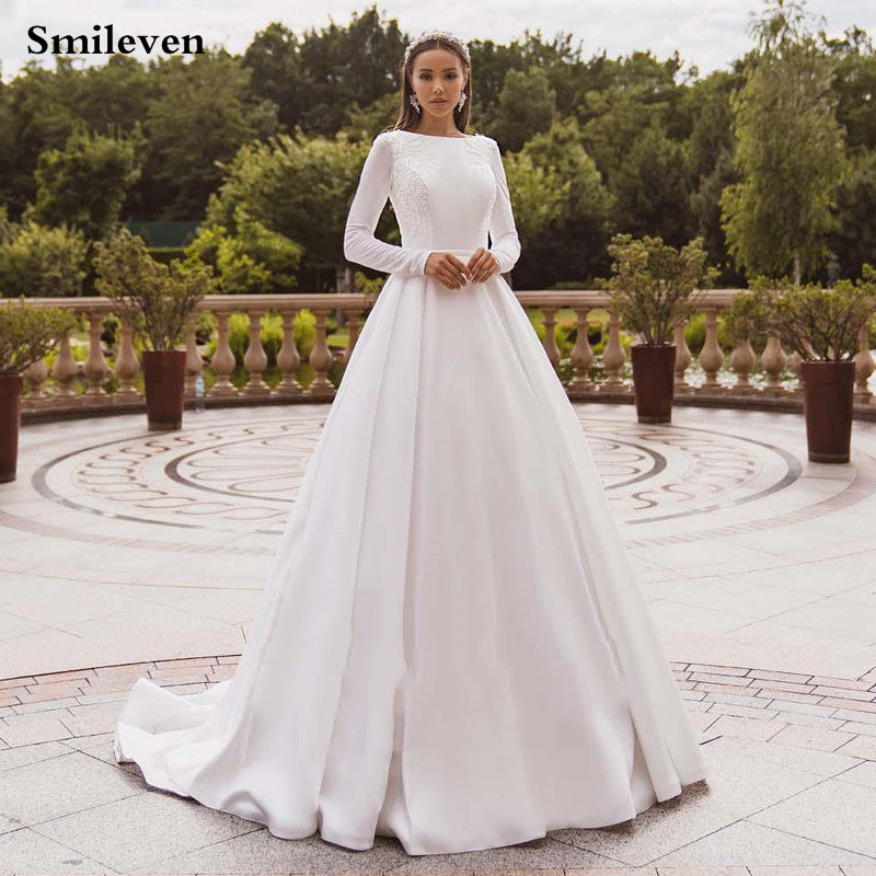 Smileven Satin Wedding Dresses Long Sleeve Lace Bride Gown Muslim Weddi