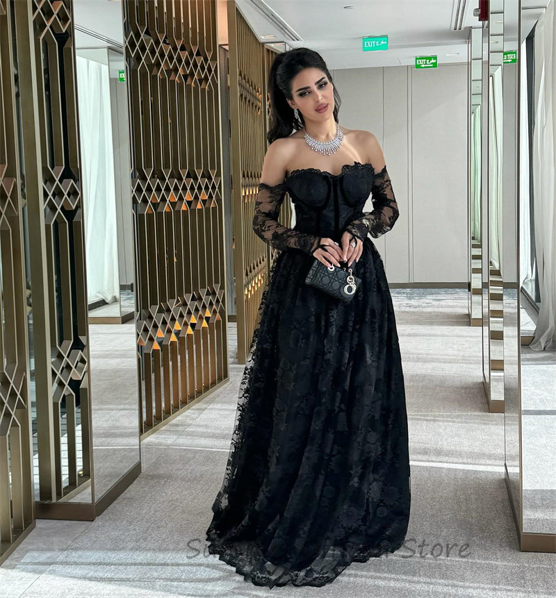 SUMNUS  Black Lace Arabic Prom Gowns for Women Long A-Line Dubai Celebrity  image 1