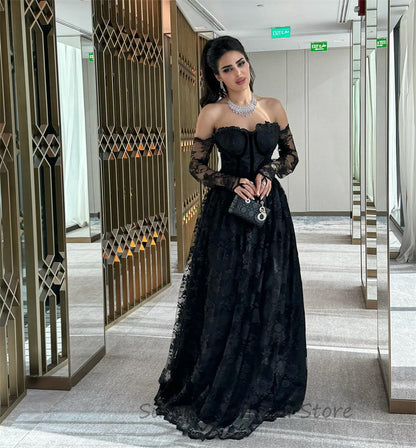 SUMNUS  Black Lace Arabic Prom Gowns for Women Long A-Line Dubai Celebrity  image 1