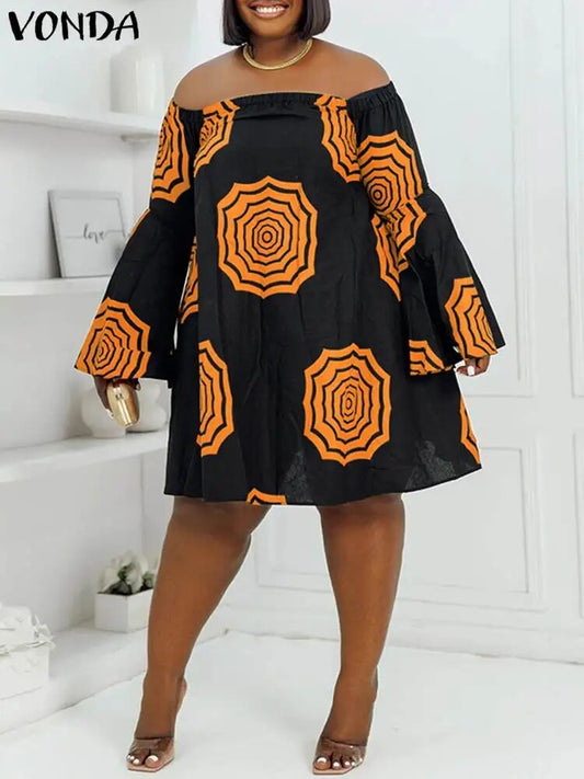 Plus Size VONDA Womenummer Off Shoulder Dress Bohemian Floral Printed Mini Ve