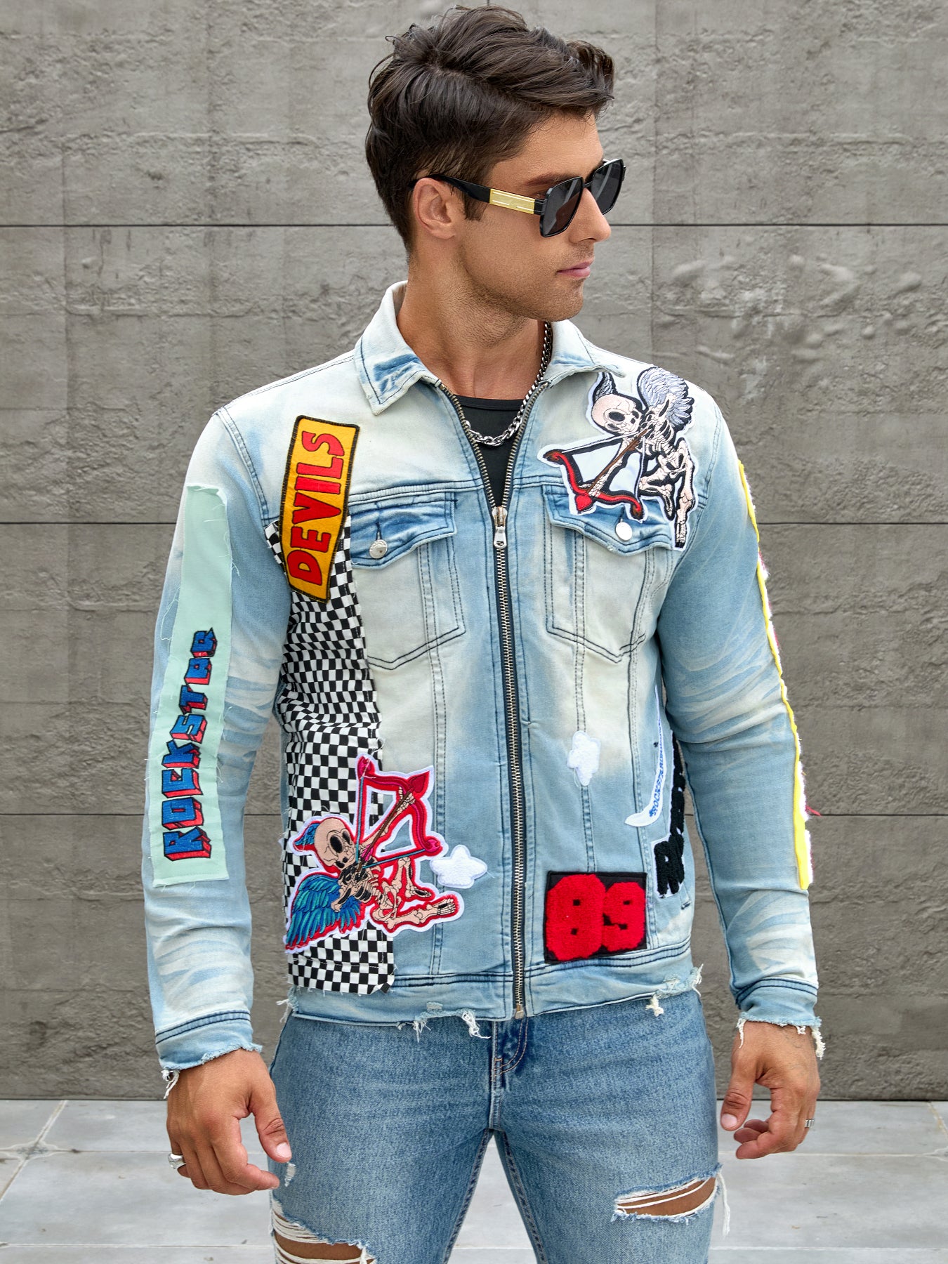 Mentretdenim jacket, cat creases wash water, full embroidered seal desig