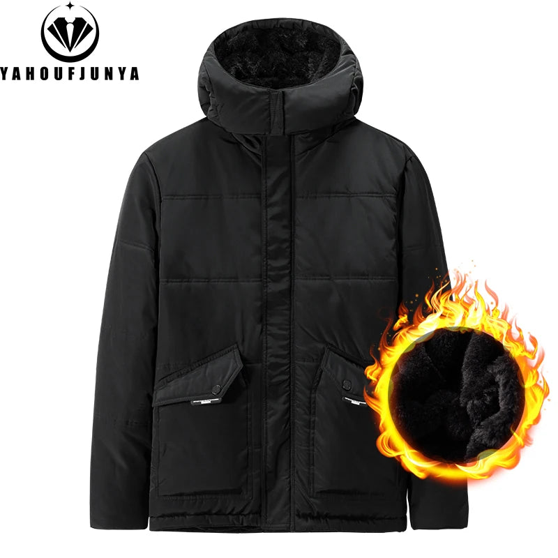 2024 Winter Men Outdoor Windproof Warm Solid Hooded Parka Jacket Men Waterproof