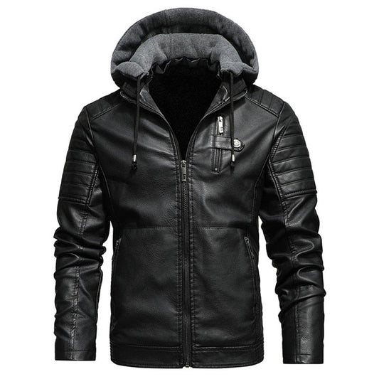 Winter PU Faux Leather Jacket Menolid Color Fleece Hoodie Motorcylce Jackets F