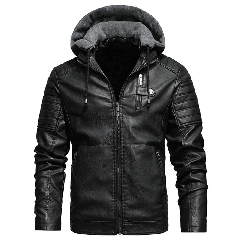 Winter PU Faux Leather Jacket Menolid Color Fleece Hoodie Motorcylce Jackets F