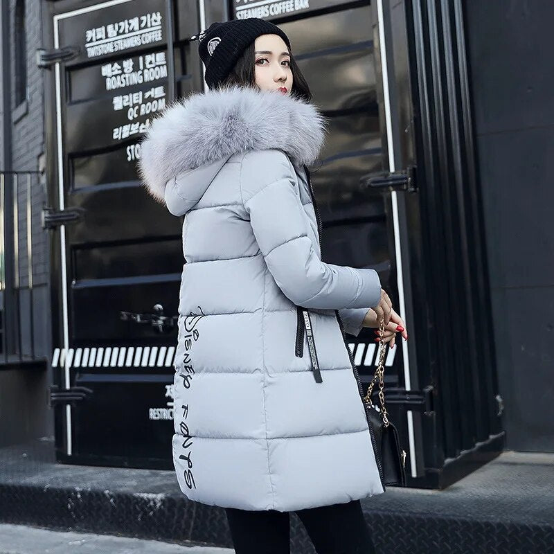 Women Plus Size cotton jacket, long hooded parka with fur collar, warm thick