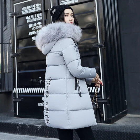 Women Plus Size cotton jacket, long hooded parka with fur collar, warm thick