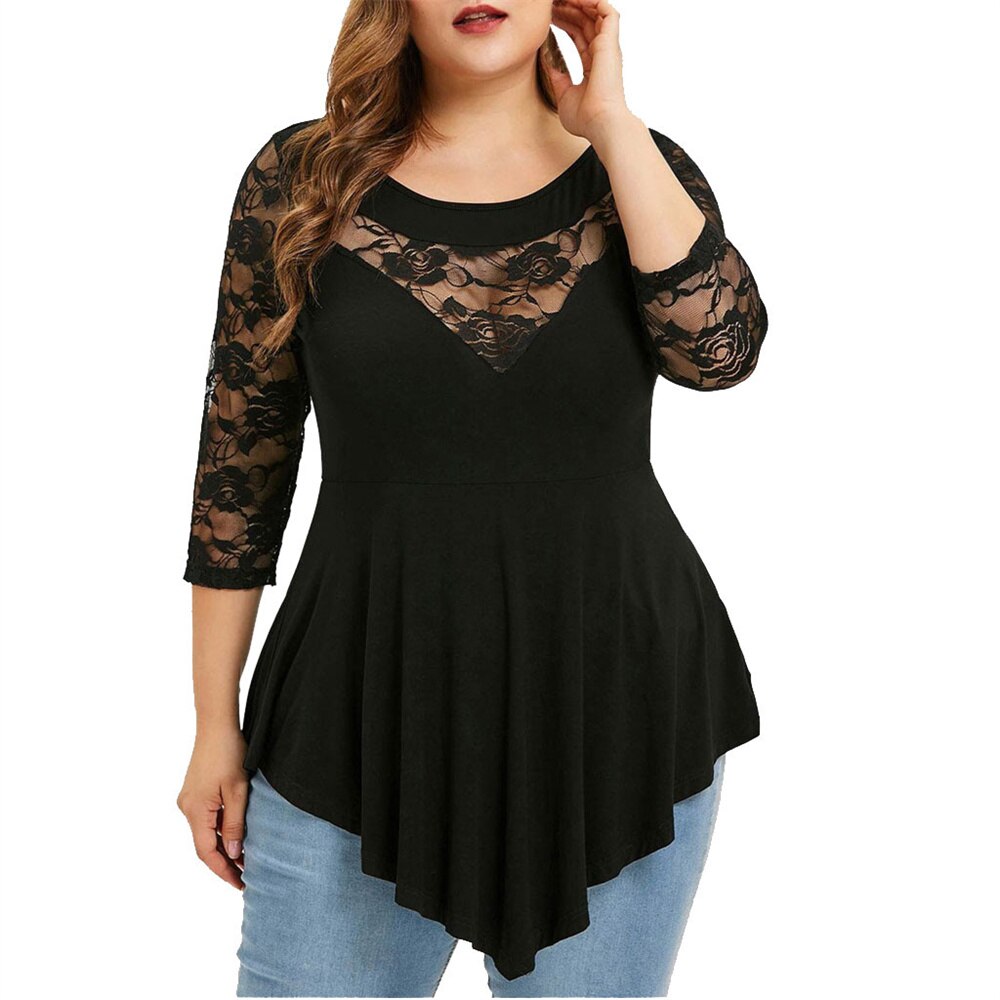 Women Floral Lace O-Neck Plus Size 6XL Asymmetric Tops Summer Fashion Female Da