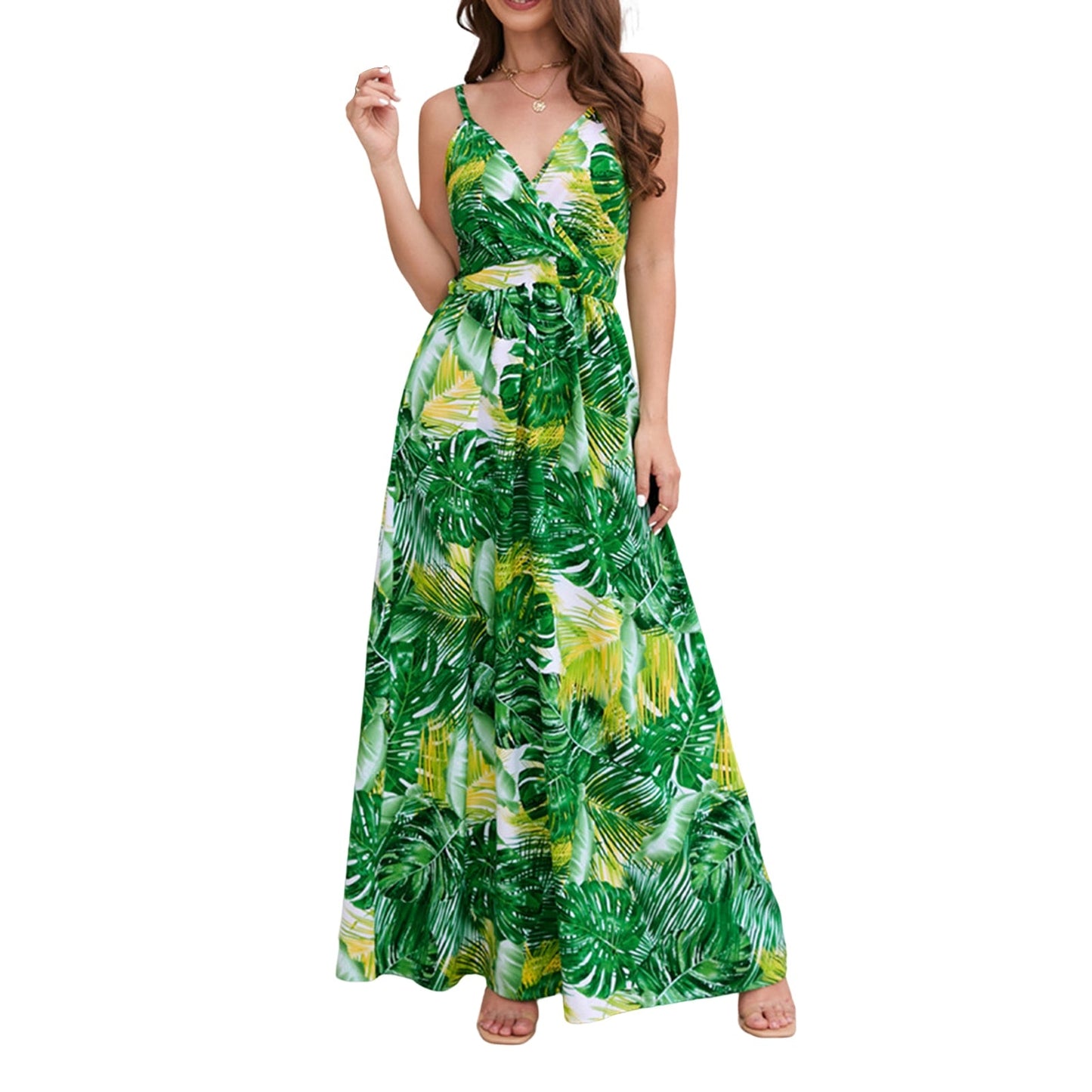 Womenpaghetti Strap Long Dresses Bohemian Beach Long Dress V Neck A Line Elas