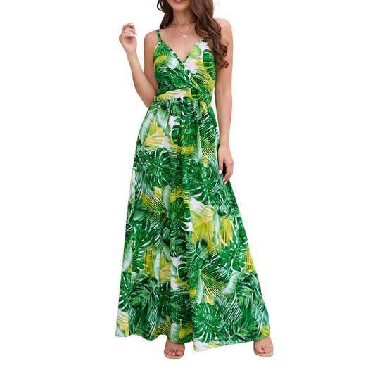 Womenpaghetti Strap Long Dresses Bohemian Beach Long Dress V Neck A Line Elas