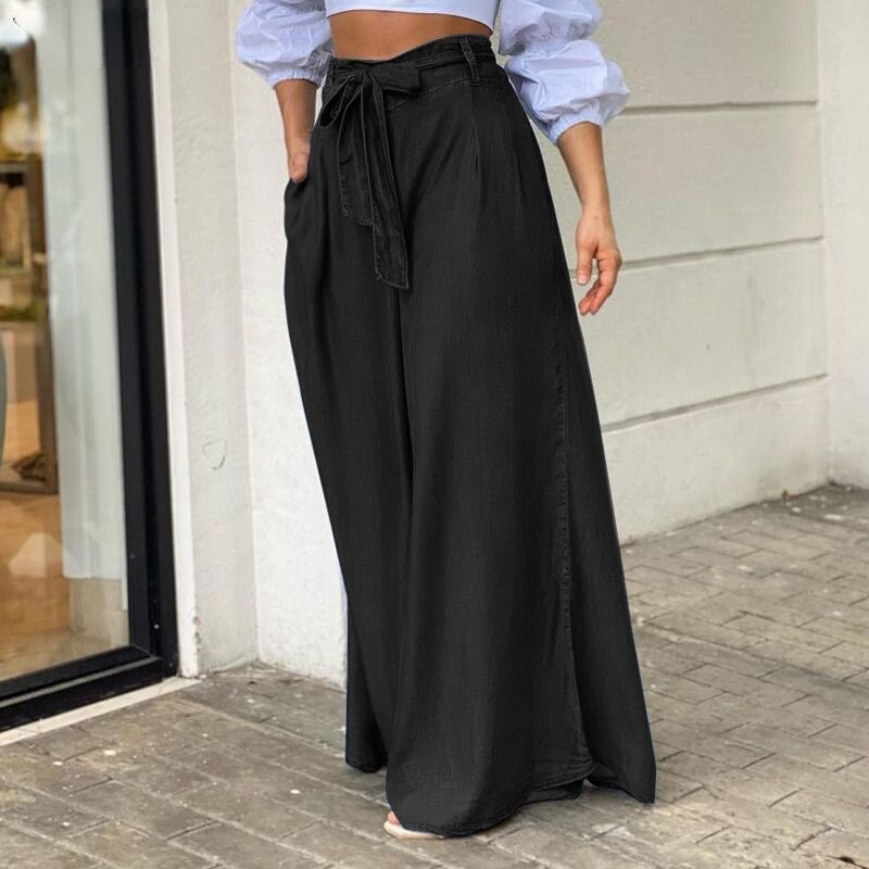 Elegant Lace Up High Waisted Wide Leg Pants Women Clothing Casual Oversized S