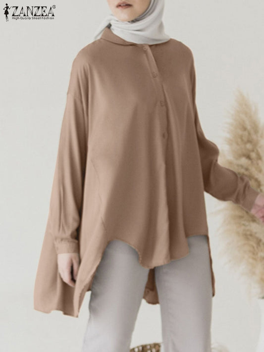 ZANZEA Stylish WoMenolid Asymmetrical Hem Shirt Casual Lapel Neck Long Sleeve