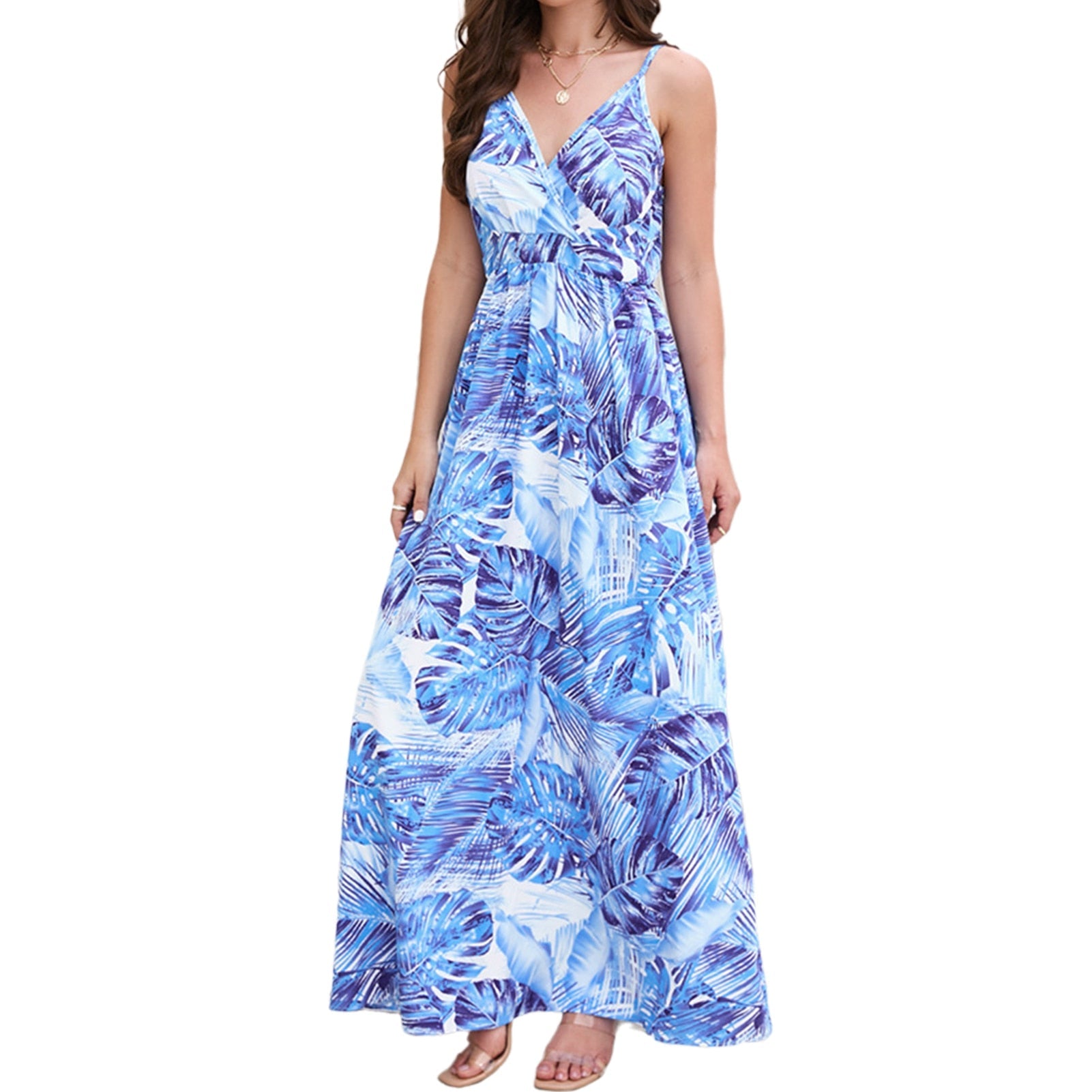 Womenpaghetti Strap Long Dresses Bohemian Beach Long Dress V Neck A Line Elas