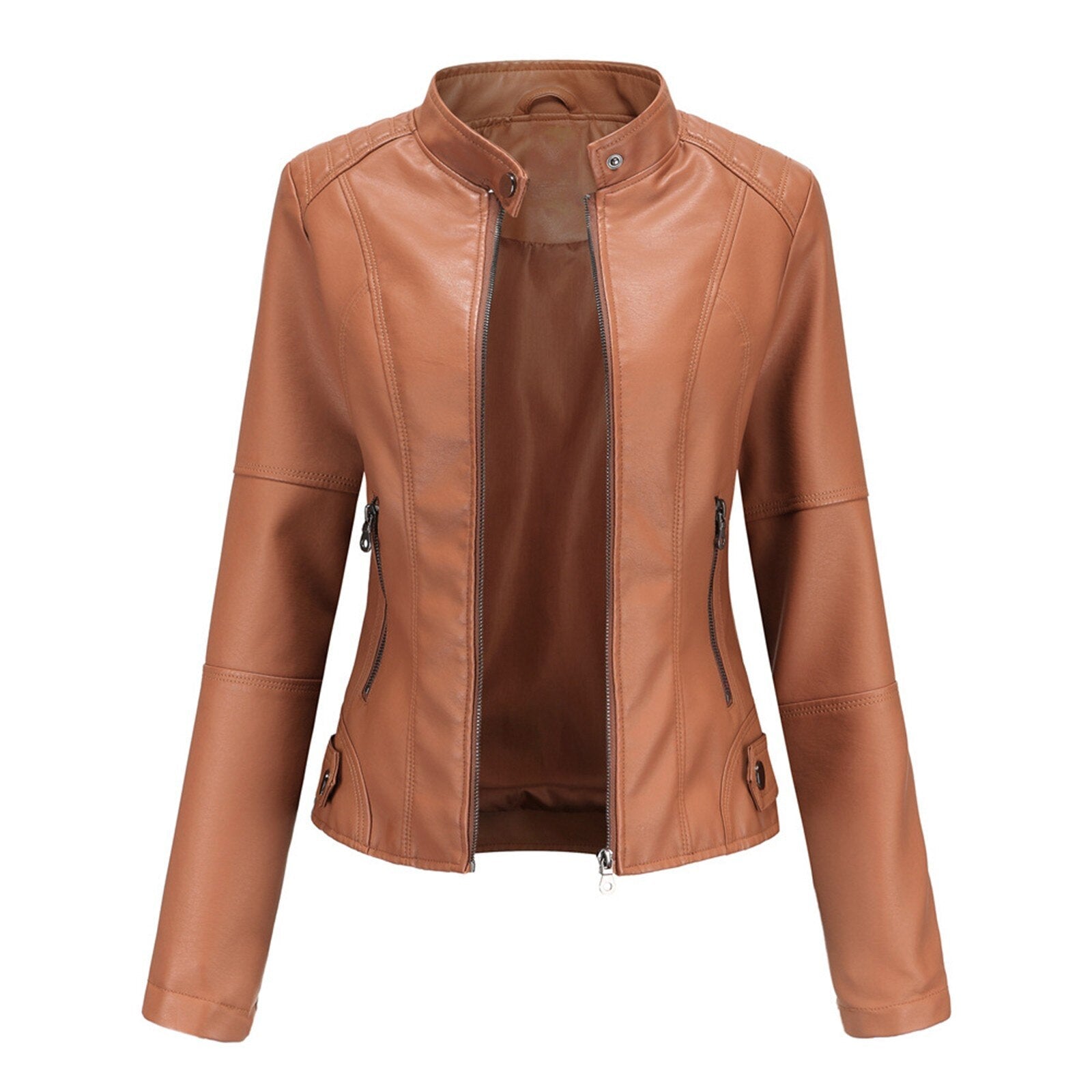 Women Leather Jacket Solid Colour Long Sleeve Coat Stand Up Collar Zip Slim