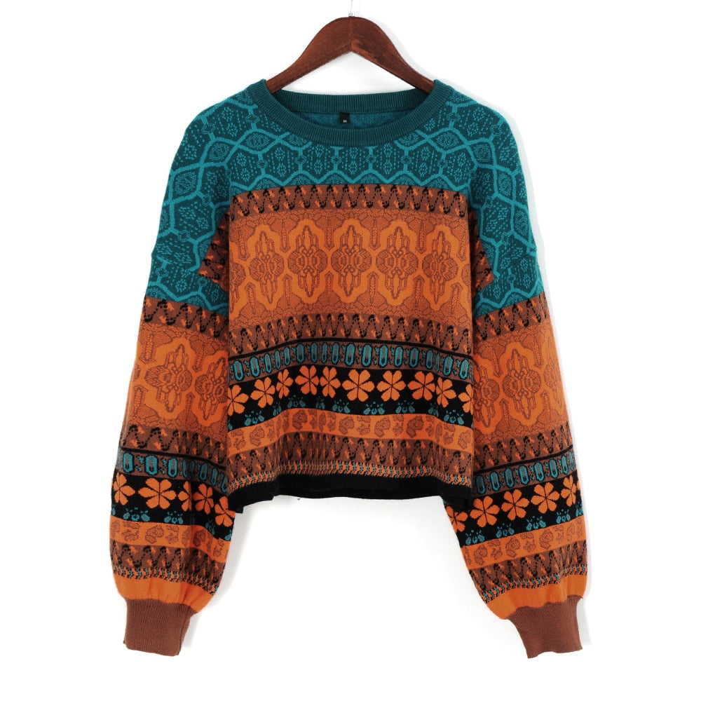 Women'S Retro Color-Spliced Floral Knit Pullover Sweater | Slim Fit Warm Top