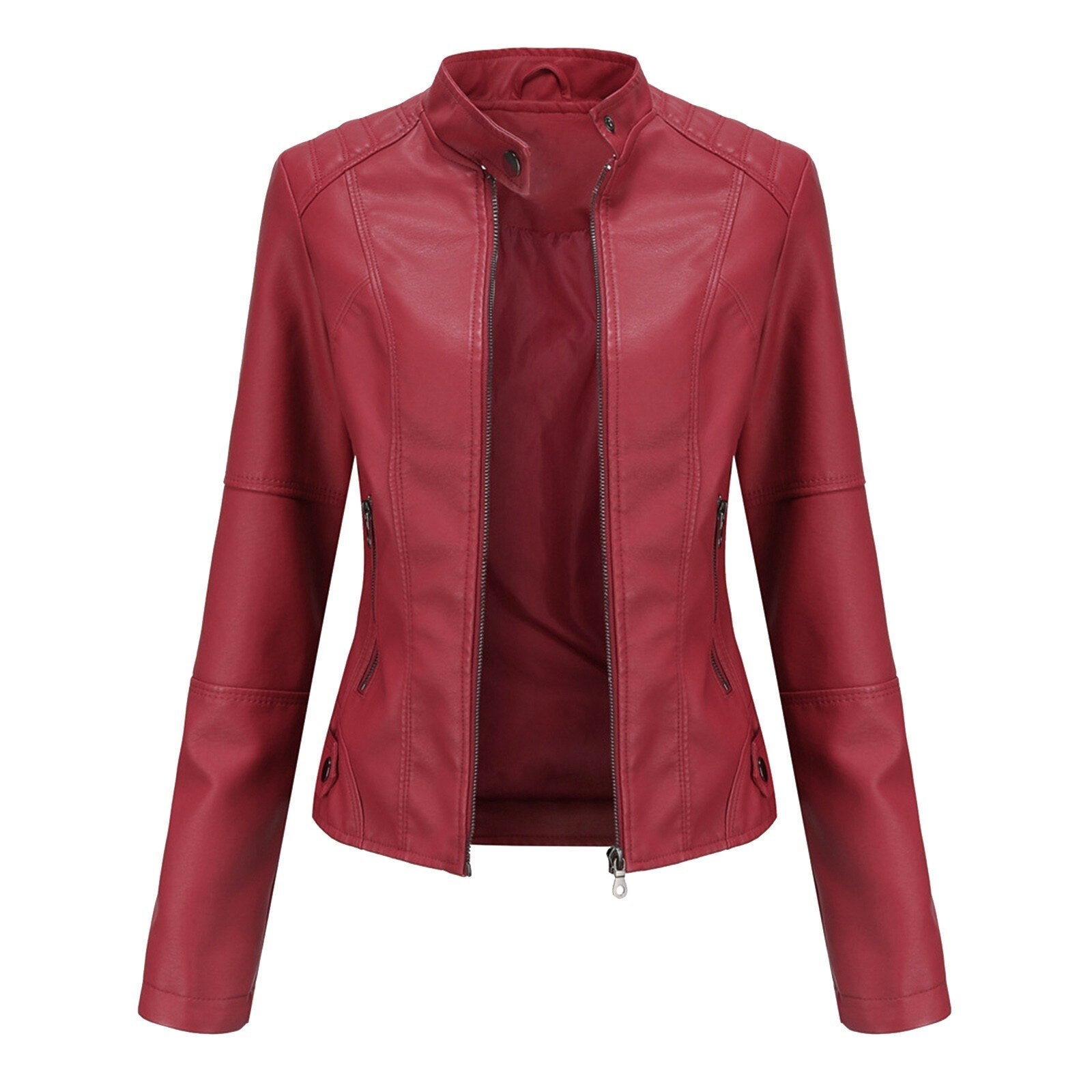 Women Leather Jacket Solid Colour Long Sleeve Coat Stand Up Collar Zip Slim