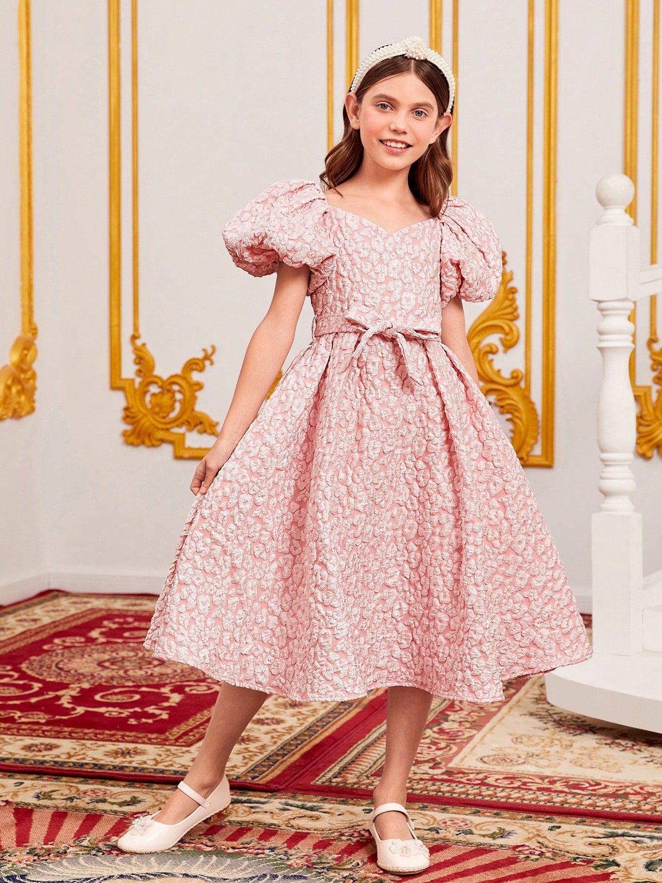 Kids CHARMNG Girls 1pc Jacquard Puff Sleeve Belted Dress
