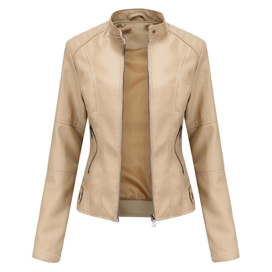 Women Leather Jacket Solid Colour Long Sleeve Coat Stand Up Collar Zip Slim