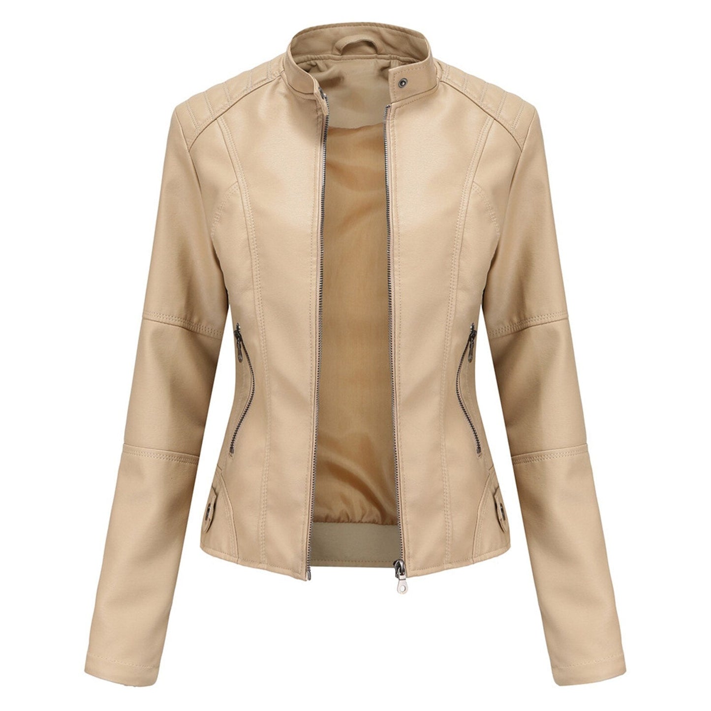 Women Leather Jacket Solid Colour Long Sleeve Coat Stand Up Collar Zip Slim