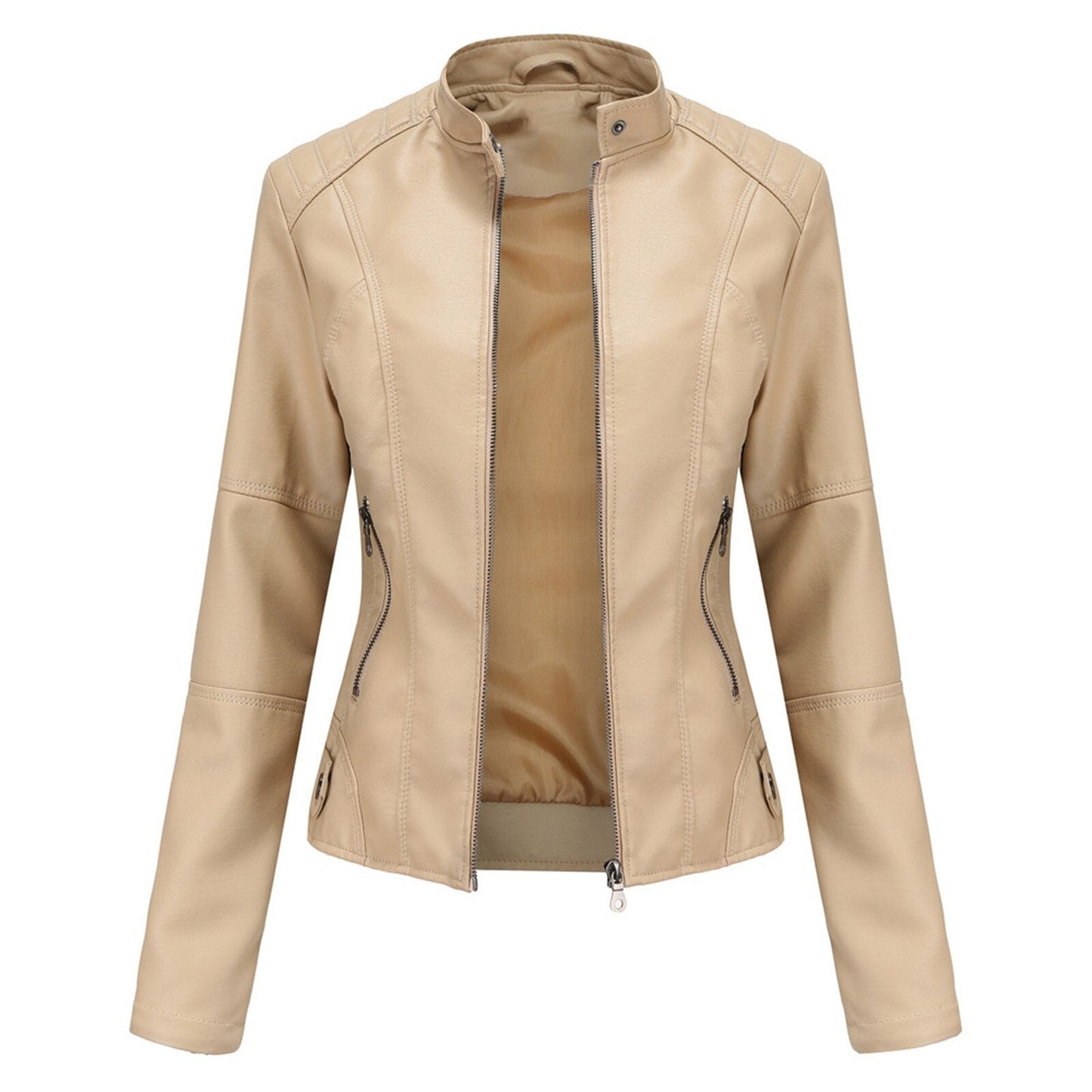 Women Leather Jacket Solid Colour Long Sleeve Coat Stand Up Collar Zip Slim