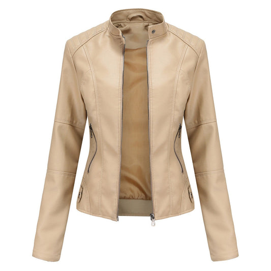 Women Leather Jacket Solid Colour Long Sleeve Coat Stand Up Collar Zip Slim