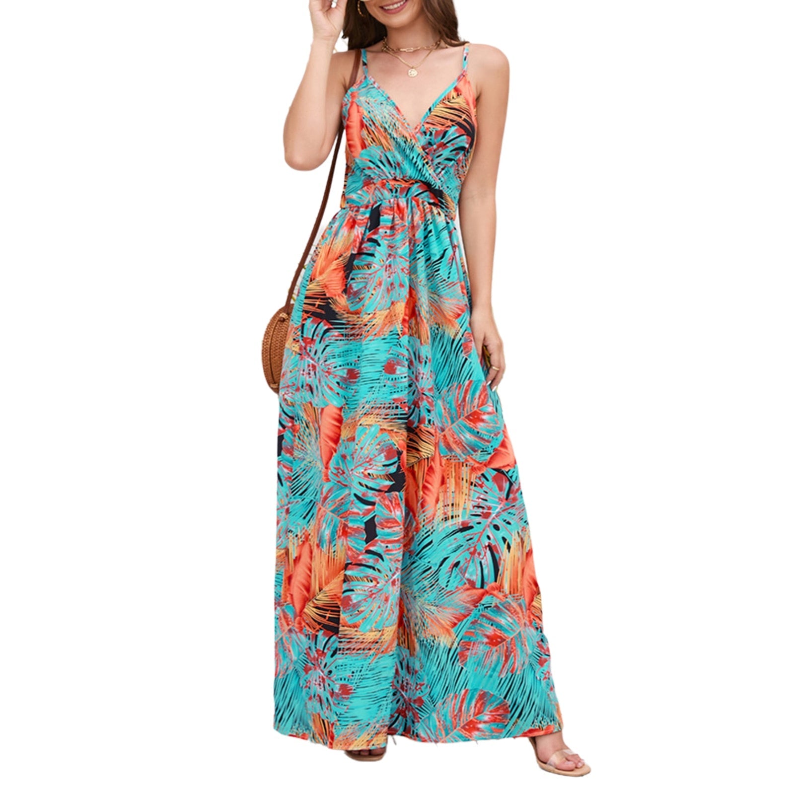 Womenpaghetti Strap Long Dresses Bohemian Beach Long Dress V Neck A Line Elas