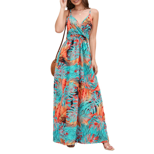 Womenpaghetti Strap Long Dresses Bohemian Beach Long Dress V Neck A Line Elas