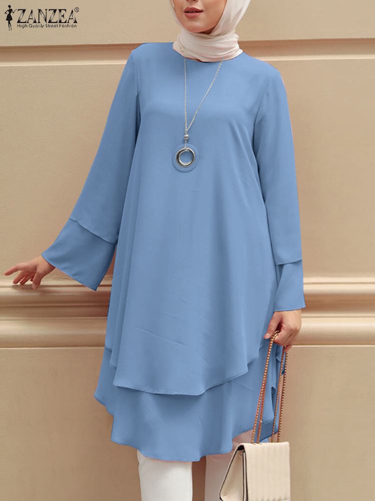 ZANZEA Fashion Muslim Blouse O-Neck Solid Blusas  Holiday Party Tops Spr