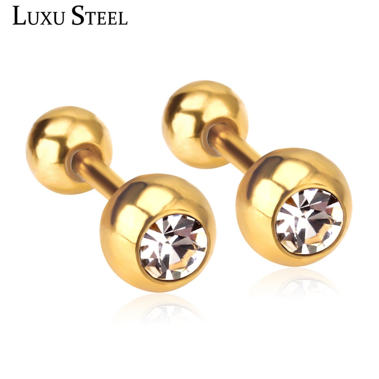 LUXUSTEEL Crystal Earrings For Women's Men's Gold Color Stainless Steel Round CZ St