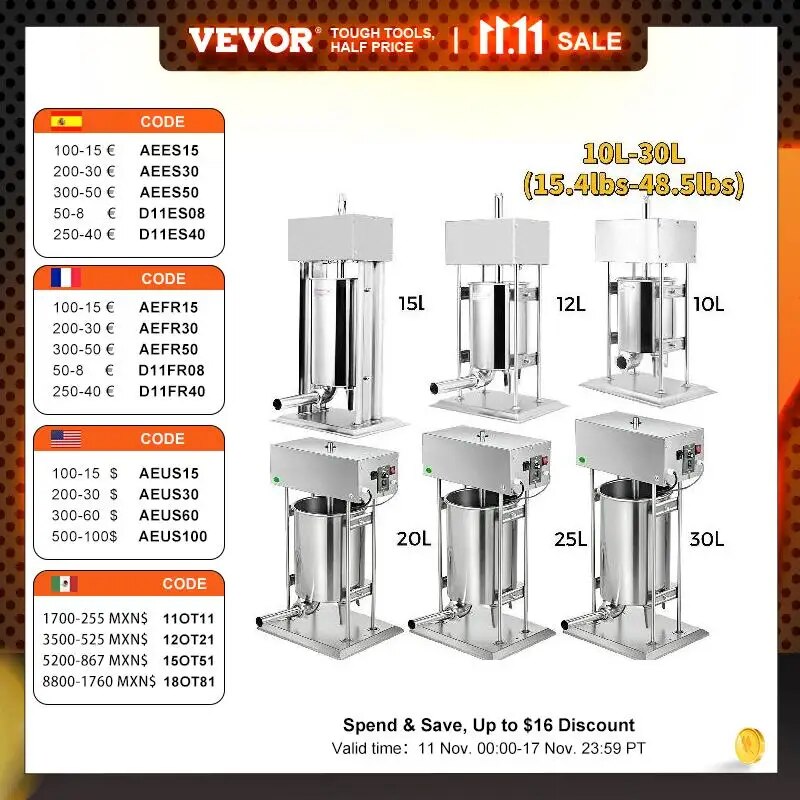 Vevor 10-30L Vertical Sausage Stuffer Automatic Filling Machine Food Processors