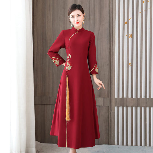 Asian Gown Women Dress Spring Autumn Full Sleeve Ladies Improved Cheongsam AO D