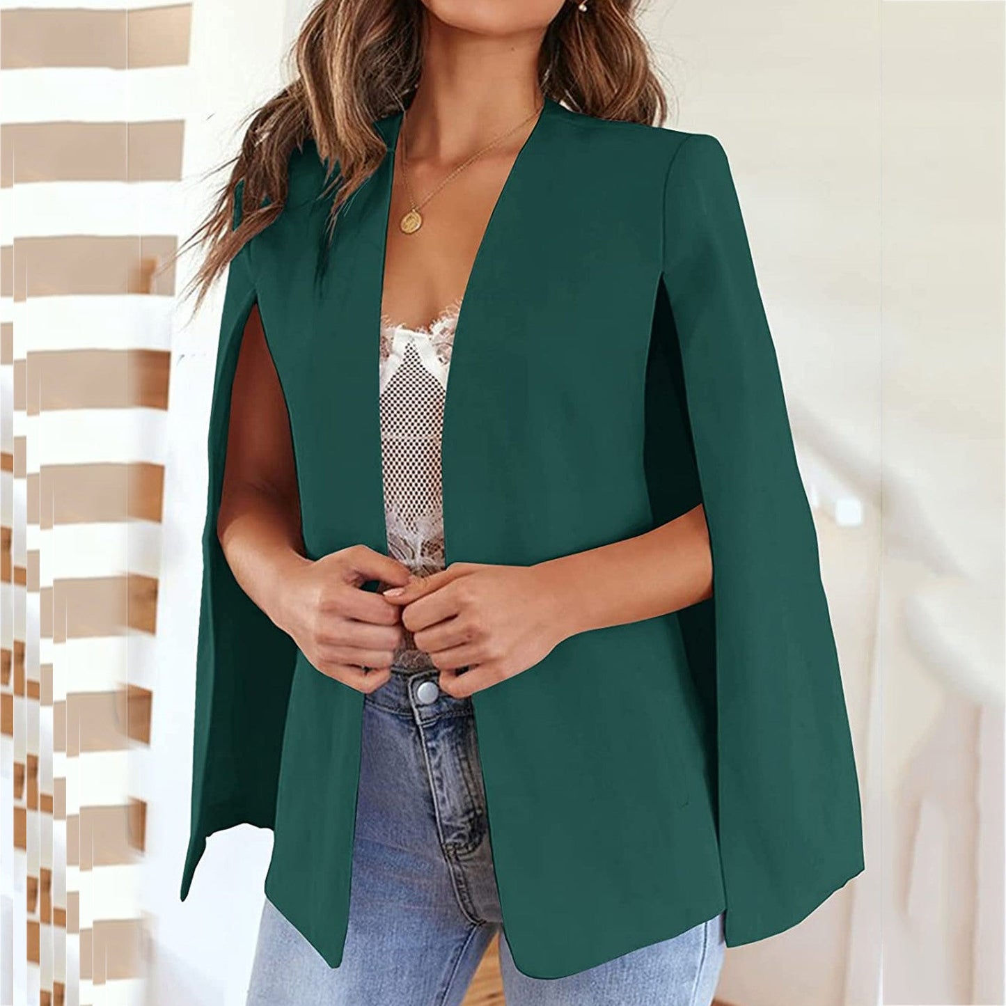 Women  Long Sleeve Shawl Jacket Open Front Collarless Semi Formal Ladie