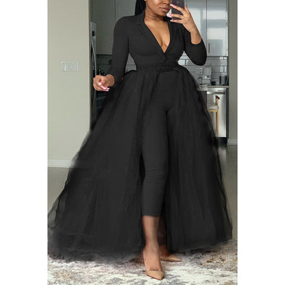 Plus Size Casual  V Neck Tulle Solid Long Sleeve Pants Jumpsuits image 0