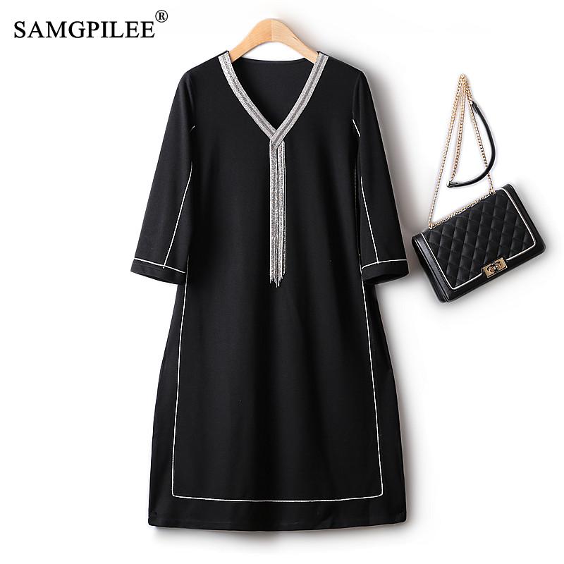 European Station 2022 Autumn Dress Woman Retro V-neck Metal Tassel Decorative image 0